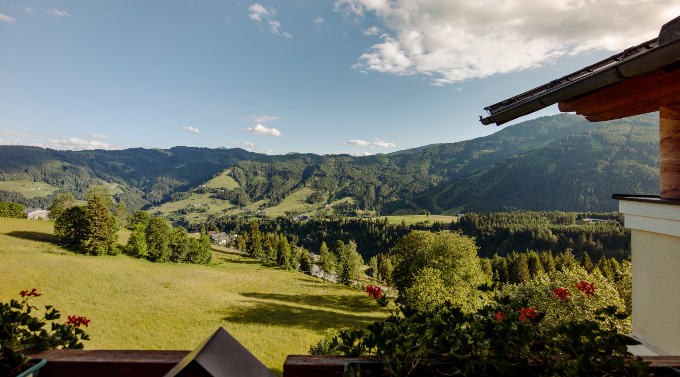 Blick über die grüne Hügellandschaft von Mühlbach am Hochkönig bei Sonnenschein